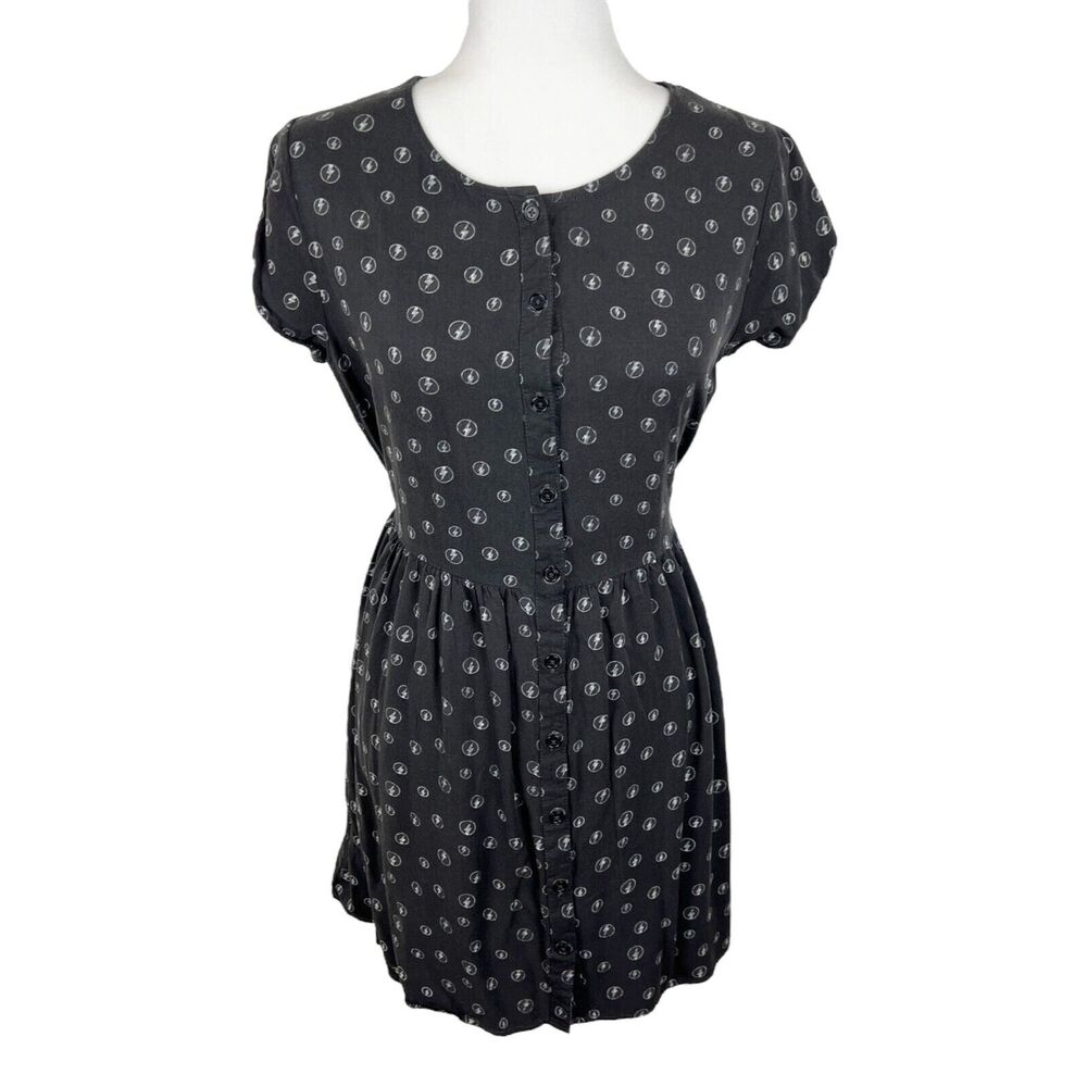 By Junkfood Dress Women Medium Black Lightning Flash Button Up Skater Mini S/S